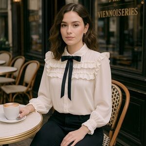 Zara Ruffle Sheer Blouse with Black Bow | Victorian Style | Size Small